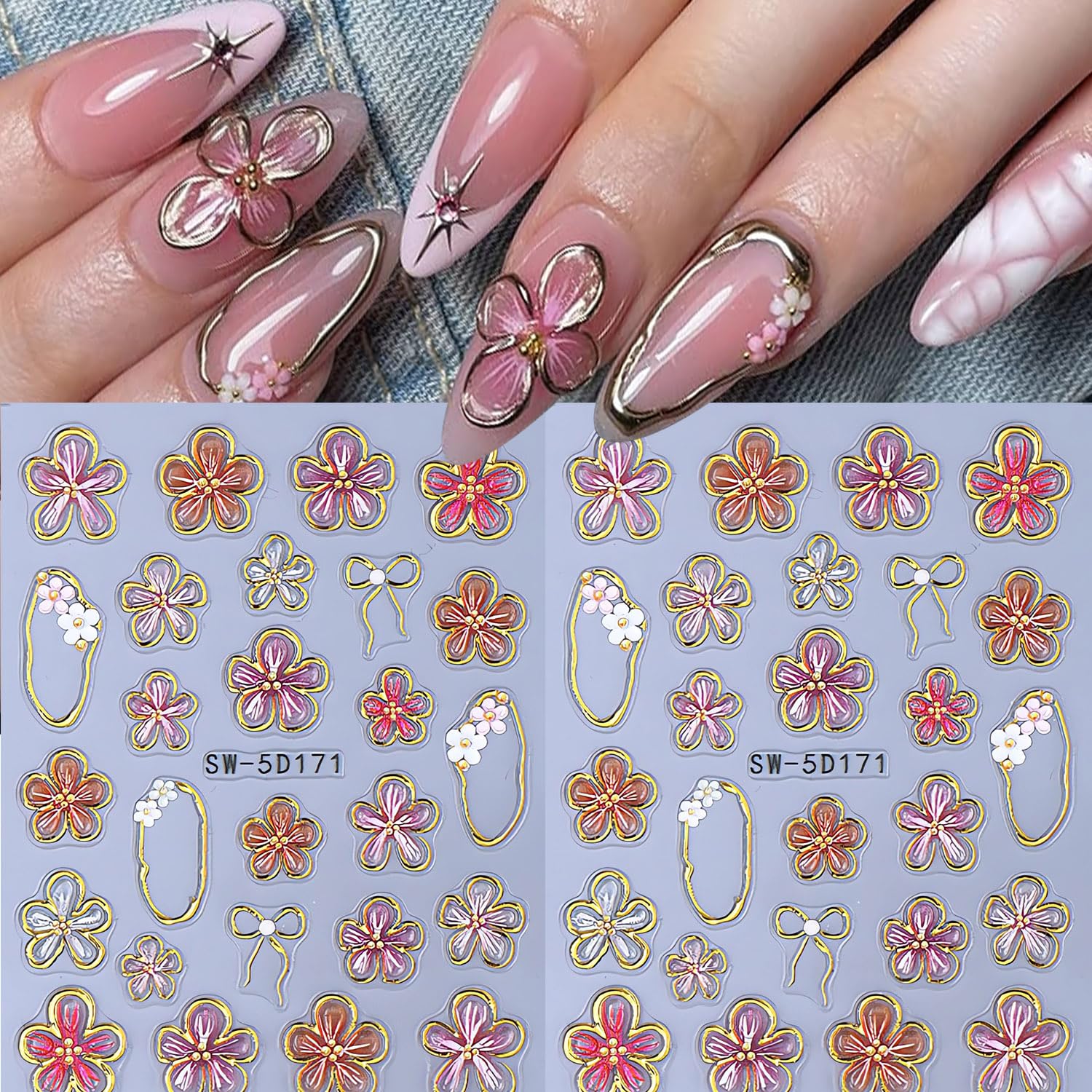 Flower Nail Stickers 5D Floral Nail Decals 2PCS Self-Adhesive Flowers Gold Line Design Bow Sticker for Nails French Slider Manicure Accessories Embossed Nail Stickers for Women Nail Art Decorations