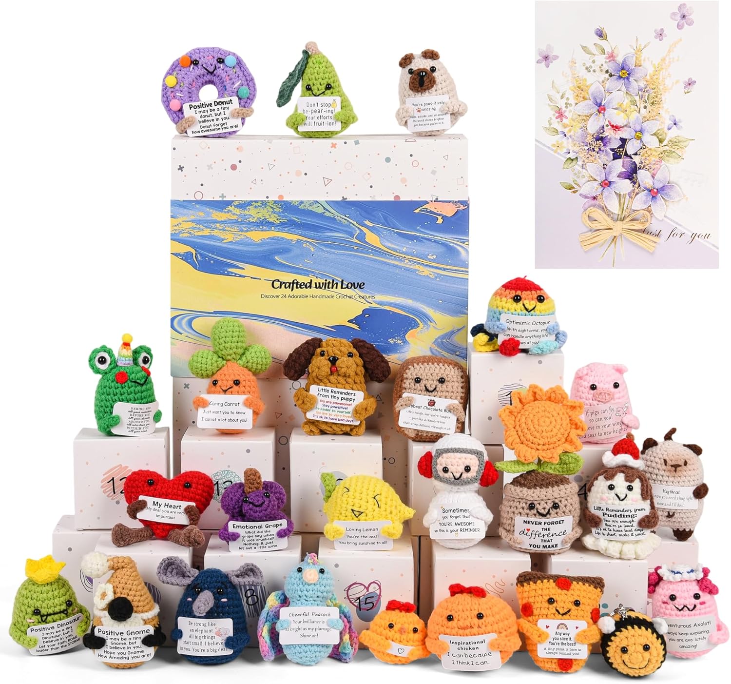 24PCS Positive Crochet Animals, 24 Days of Countdown Handmade Emotional Support Crochet with Positive Card, Inspirational Gifts for Christmas,Birthday,Women, Men,Employee Appreciation Gifts Bulk