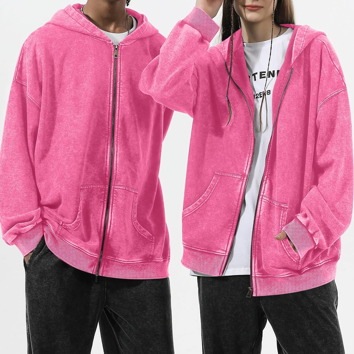 Oversized Vintage Cotton Jacket Acid Wash Grunge Basic Zip Up Hoodie For Women Distressed Baggy Long Sleeve Tops - Image 3