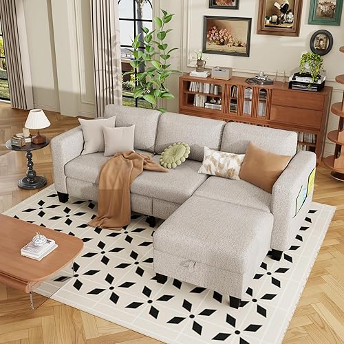 ZeeFu Sofás modulares y modulares para sala de estar, sofá modular en forma de L de 3 plazas de 78 pulgadas con otomana de almacenamiento, moderno