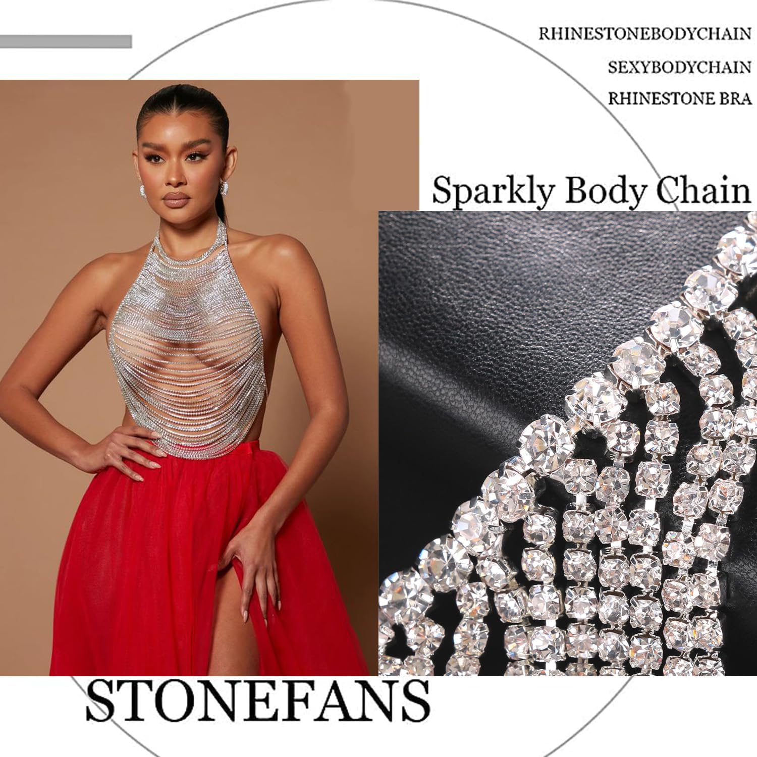 STONEFANS Rhinestone Body Chain Top For Women Men Sexy Bikini Bra Chain Body Jewelry Layered Underwear Party