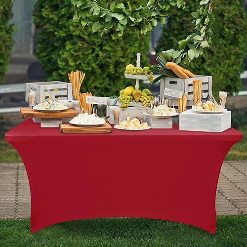 Miniatura 8 de Nasitos Paquete de 2 manteles de elastano para mesa rectangular de 6 pies, con espalda abierta, color rojo, elásticos para mesa plegable de 6 pies,