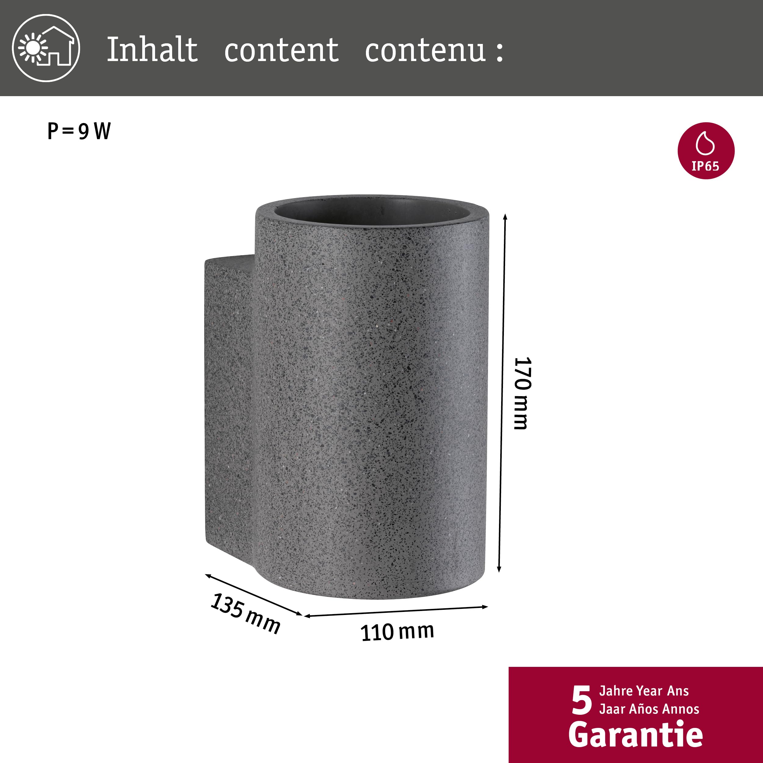 Paulmann 94500 Luminaire d'extérieur LED Concrea IP44 incl. 1x6,8 watts appliques d'extérieur grès noir éclairage de jardin béton 3000 K