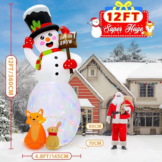 AerWo 12FT Inflatable Snowman Outdoor Christmas Decorations, Giant Christmas Inflatables Snowman with Fox Rabbit Decor and Rotating LEDs, Blow Up Snowman Outdoor Xmas Decorations Lawn Yard Garden