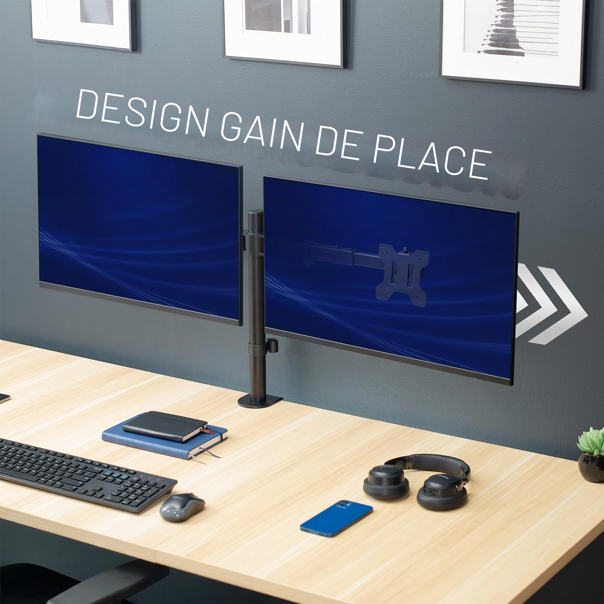 VIVO Support mural pour deux écrans LCD LED 21" à 32", bras télescopiques réglables, montage mural affleurant, compatible avec 2 écrans, noir, STAND-V002E