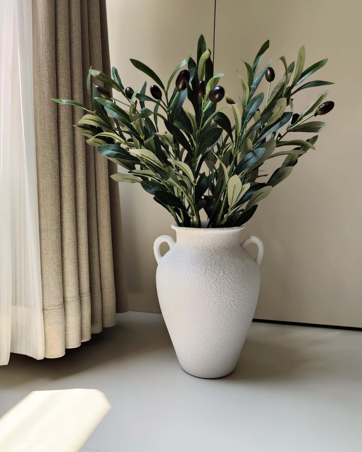 White Ceramic Pottery Barn Vase with Handles - 10" Large Decorative Terracotta Vase for Pampas Grass, Rustic Farmhouse Boho Vases for Home Decor, Living Room, Mantel, Table, Shelf - Image 5