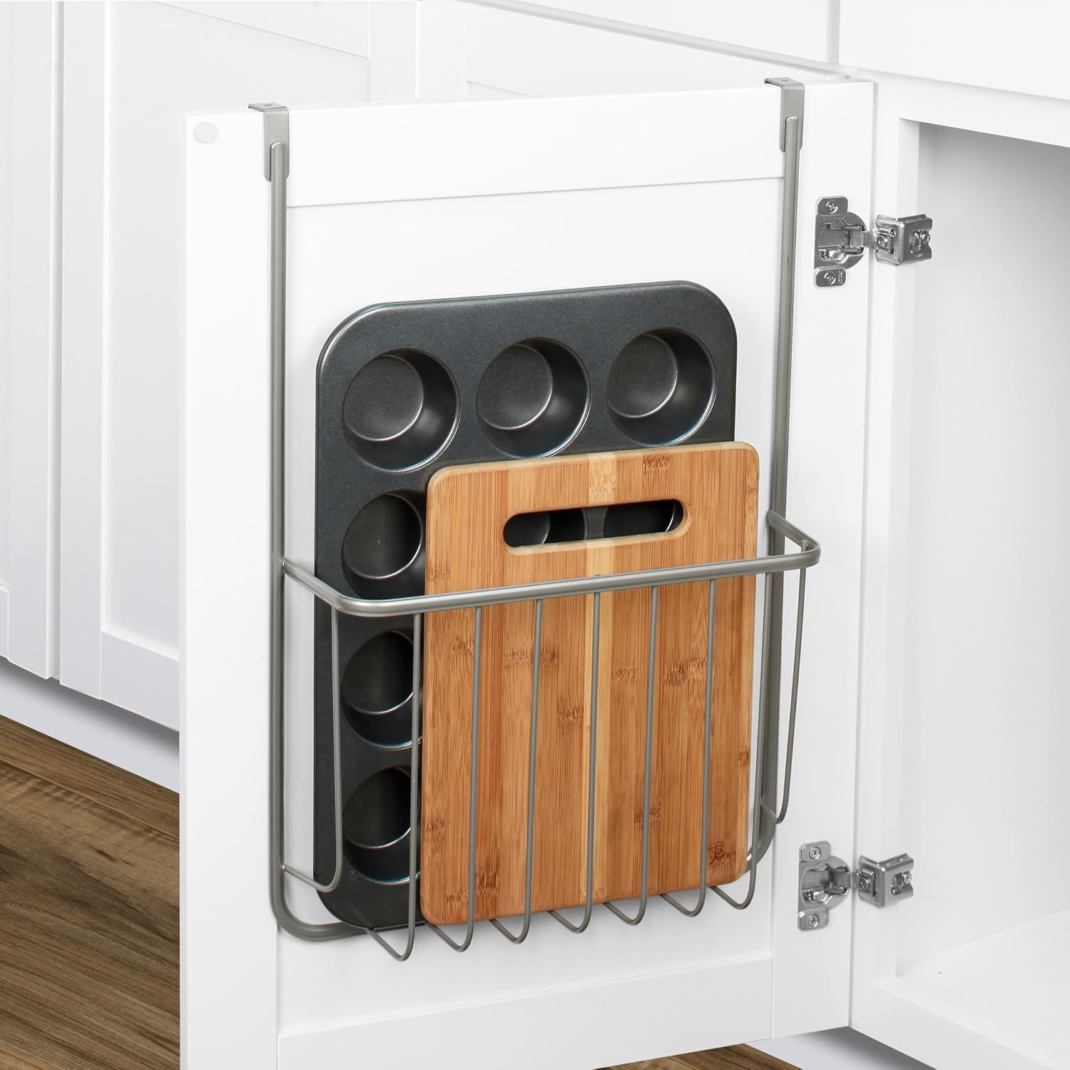 Spectrum Cookie Sheet Organizer, Cutting Board Holder, Bakeware Organizer, Over the Cabinet Door, Satin Nickel image 3