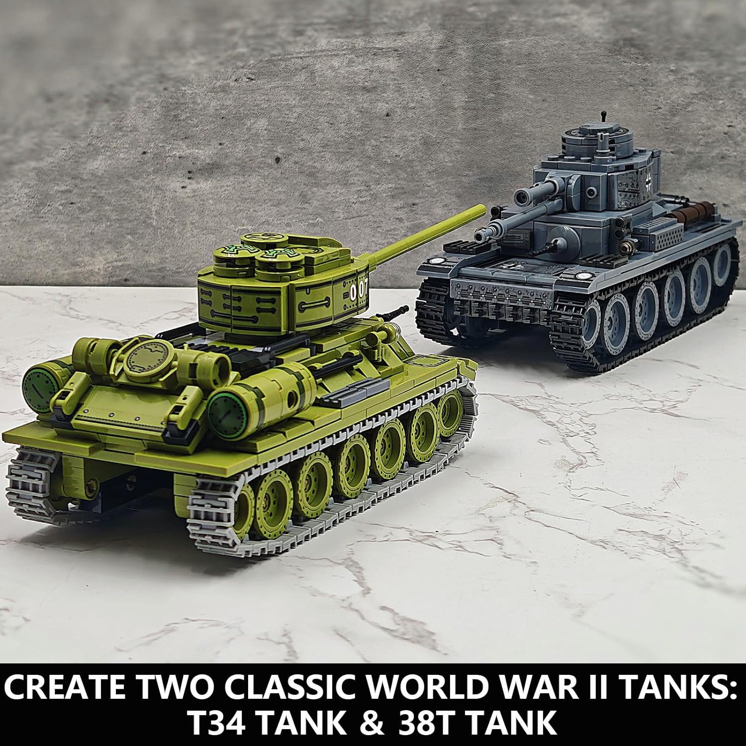 WW2 Tank Building Blocks, 38T and T-34 Army Tank Military Battle Model Kits,Toy Gifts for Boys or Men Collectors(1000+ pcs)