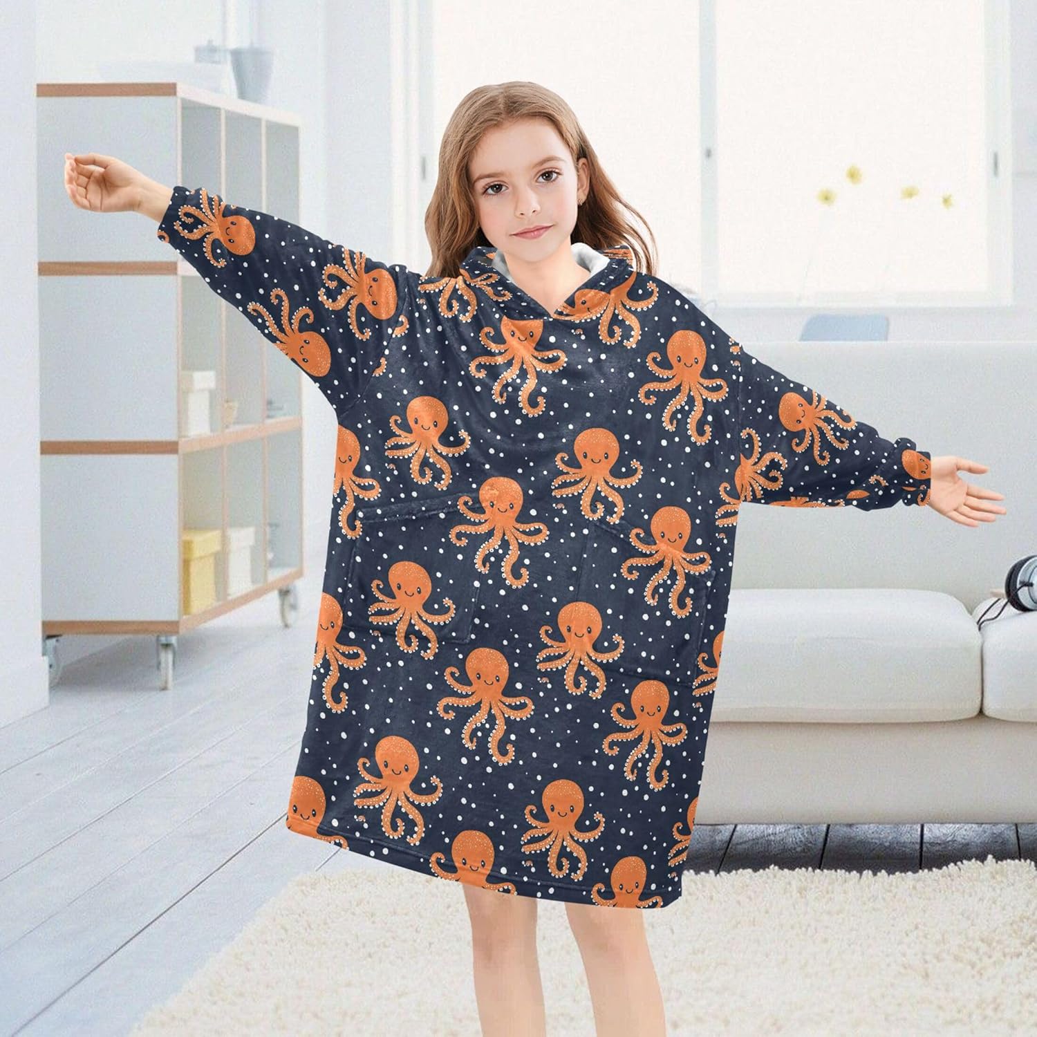 Cute Octopuse Kids Wearable Blanket Hoodie with Pocket and Sleeves for Toddlers, Cute Hoodies Girls Boys B0404159
