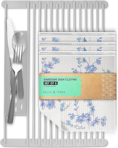 BELLE TERRE Juego de escurridor de platos enrollable y paños suecos, estante para fregadero que ahorra espacio (17.5 x 12.8 pulgadas) con bandeja