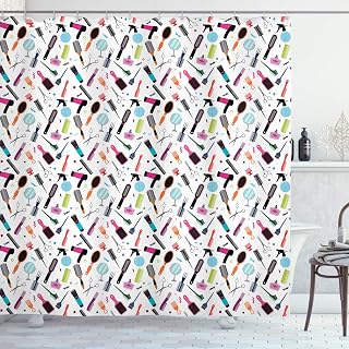 Ambesonne Hair Salon Shower Curtain, Combination of Beauty Salon Combs Hair Dryer Hair Brush Mirror and Scissor, Cloth Fabric Bathroom Decor Set with Hooks, 69" W x 75" L, Grey Multicolor