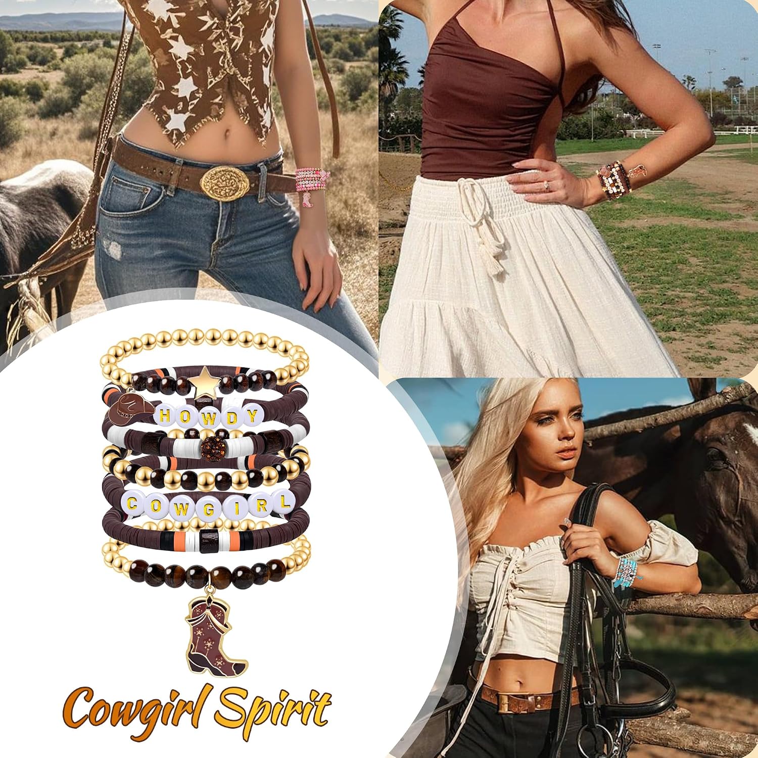 Western Cowgirl Beaded Bracelets, Stackable Bracelets for Women Adjustable Stretch Hat Boot Bracelet Cow Country Cowgirl Cowboy Gifts Bohemian Jewelry for Women Birthday Christmas Stocking Stuffers