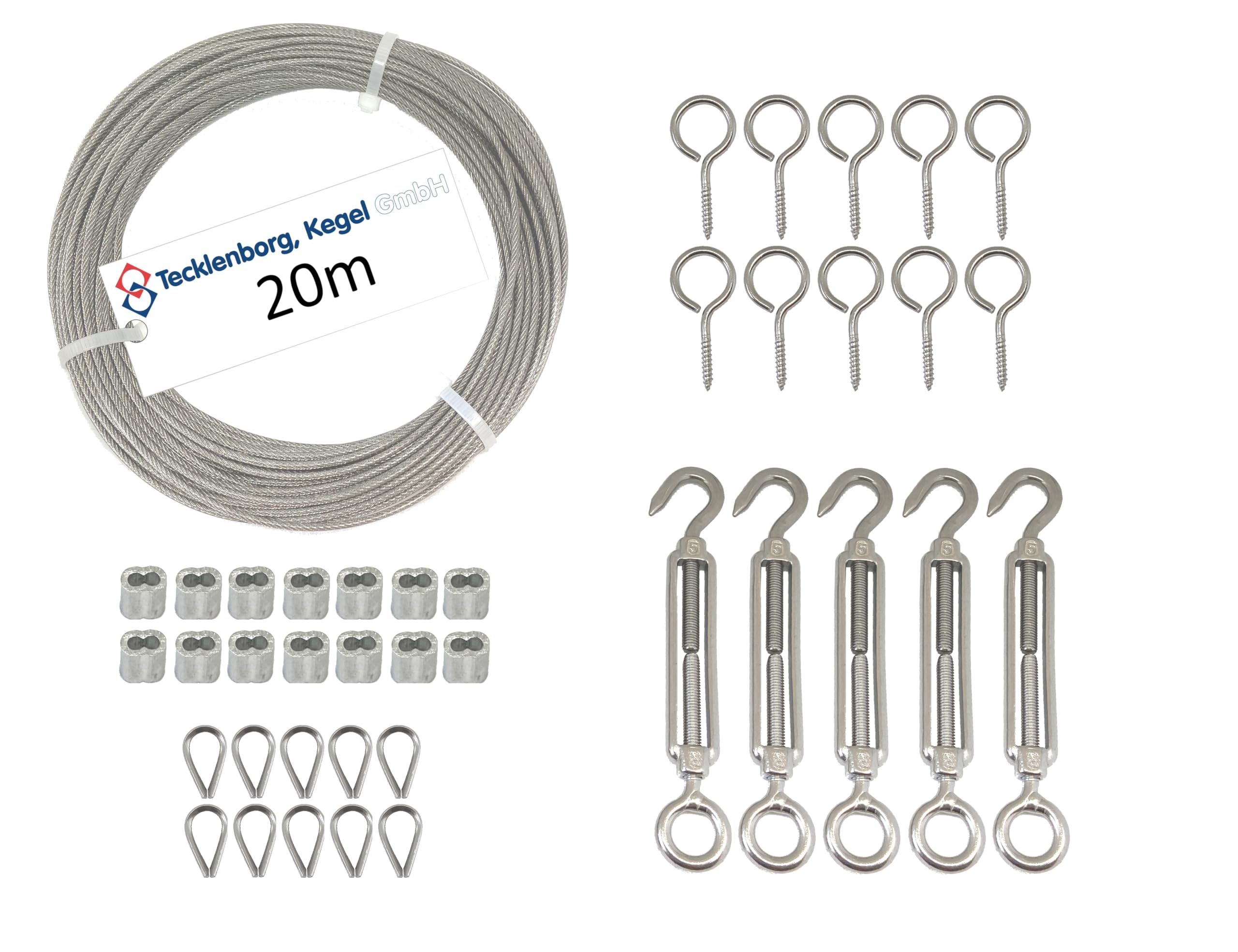 Edelstahlseilset - 6304 - Tecklenborg, Kegel GmbH | 20m, 7x7 - 1,5mm Ø Niro Drahtseil mit PVC auf 2,0 mm Außendurchmesser ummantelt incl. Niro Zubehör