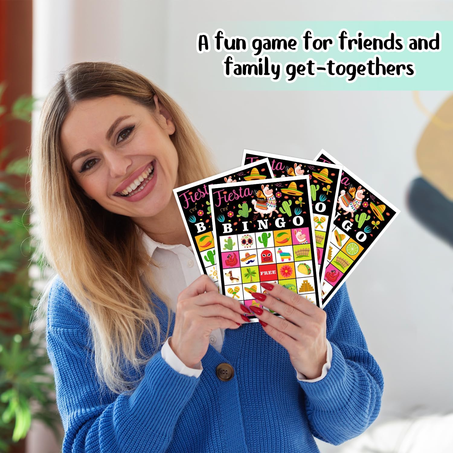 Fiesta Party Bingo Cards, 24 Player Mexican Llama Party Bingo Game for Family Adult, Cinco De Mayo Party Favor, Large Group Party Celebration Activity -01