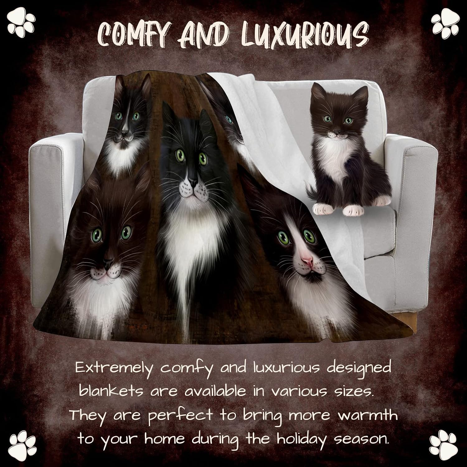 Rustic Tuxedo Cats Blanket - Lightweight Super Soft Cozy and Durable Bed Blanket - Animal Theme Fuzzy Blanket for Sofa Bed Couch Luxury Soft Material BLNKT84281 (30x40 Fleece)