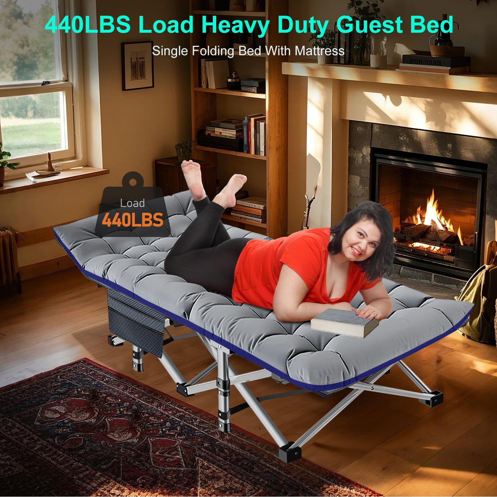 Oversized Klappbares Campingbett mit Matratze, 900LBS Belastbarkeit Klappbett Gästebett, Stahlrahmen und Oxford Tuch Feldbett Klappbar, 78 x 32 x 18 in, Geeignet für Garten Büro Camping