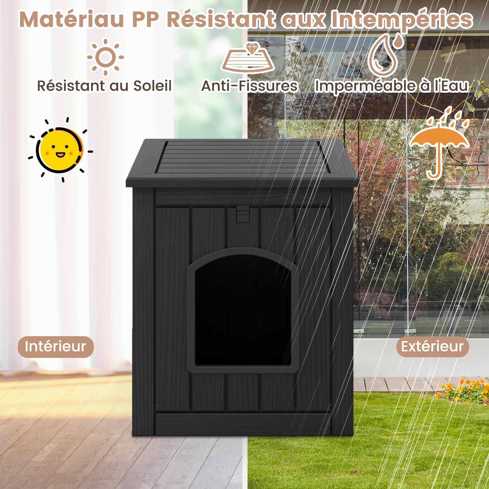 COSTWAY Maison pour Chat Interieur Exterieur en PP, Porte à Battant, 4 en 1 Meuble Litiere Chat, Verrouillage de Sécurité, Base Surélevée, Niche pour Chaton Chien Lapin, 60 x 47 x 54,5 cm (Noir)