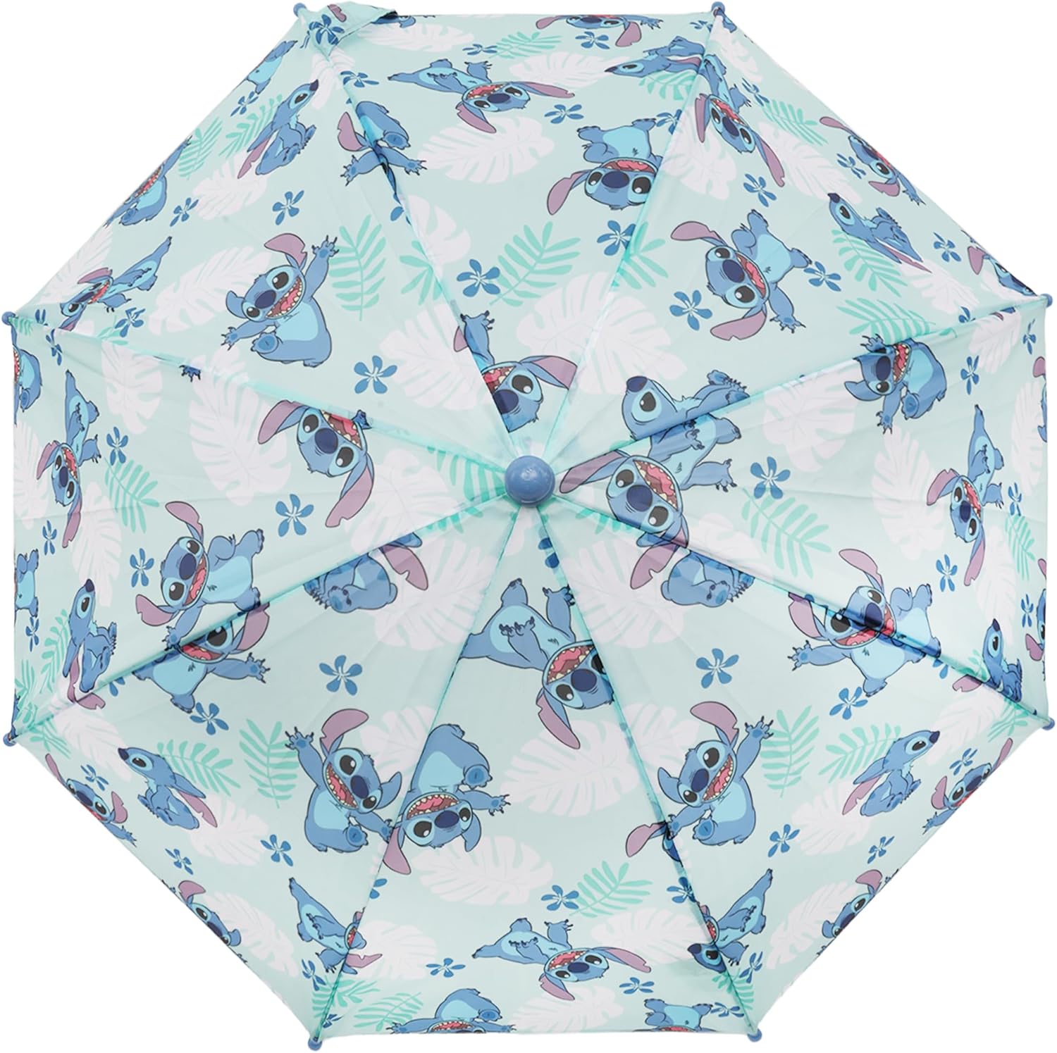 Disney Stitch Kids Umbrella, Tropical Leaf Rain Umbrella with Durable Frame and Curved Handle, Blue