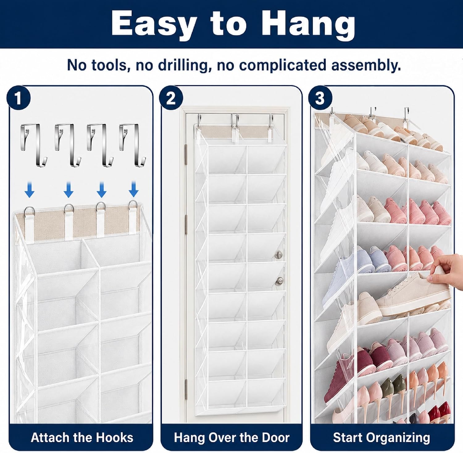 20-30 Pairs Over the Door Shoe Organizer Clear Deep Pockets Hanging Shoe Rack for Closet Door Shoes Storage Holder 10-Tier Fit All the Family's Sneakers, Heels, Boots