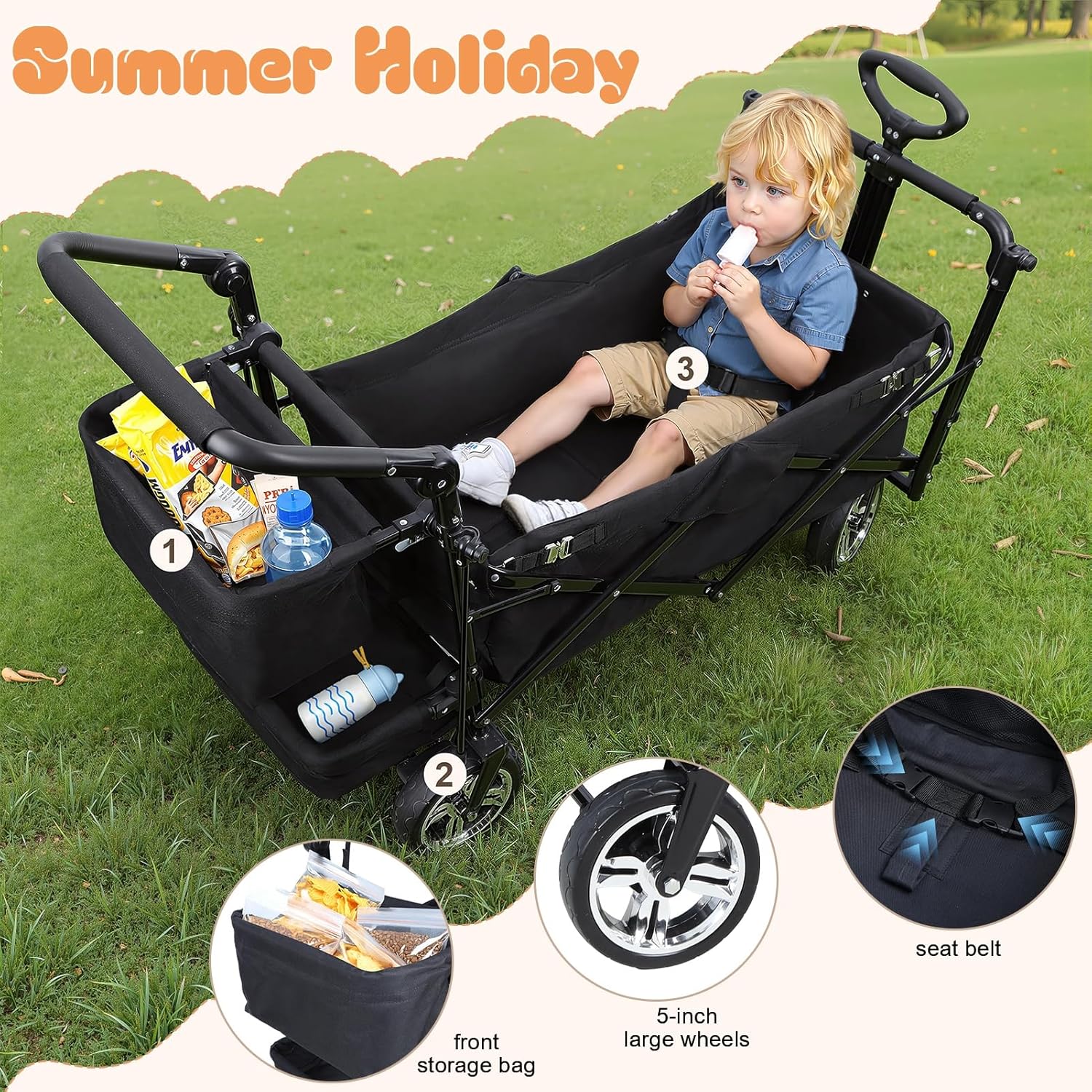 Foldable Wagon with Canopy - 300lbs Collapsible Garden Carts, Heavy Duty Collapsible Carts with Adjustable Push Pulling Handle, Outdoor Portable Utility Wagon for Beach, Camping, Shopping Black