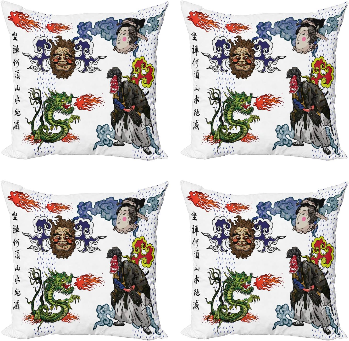 Ambesonne Dragon Throw Pillow Cushion Case Pack of 4, Japanese Manga Dragon with a Man with Kimono Geisha Tribal Characters, Modern Accent Double-Sided Digital Printing, 16", Green Blue
