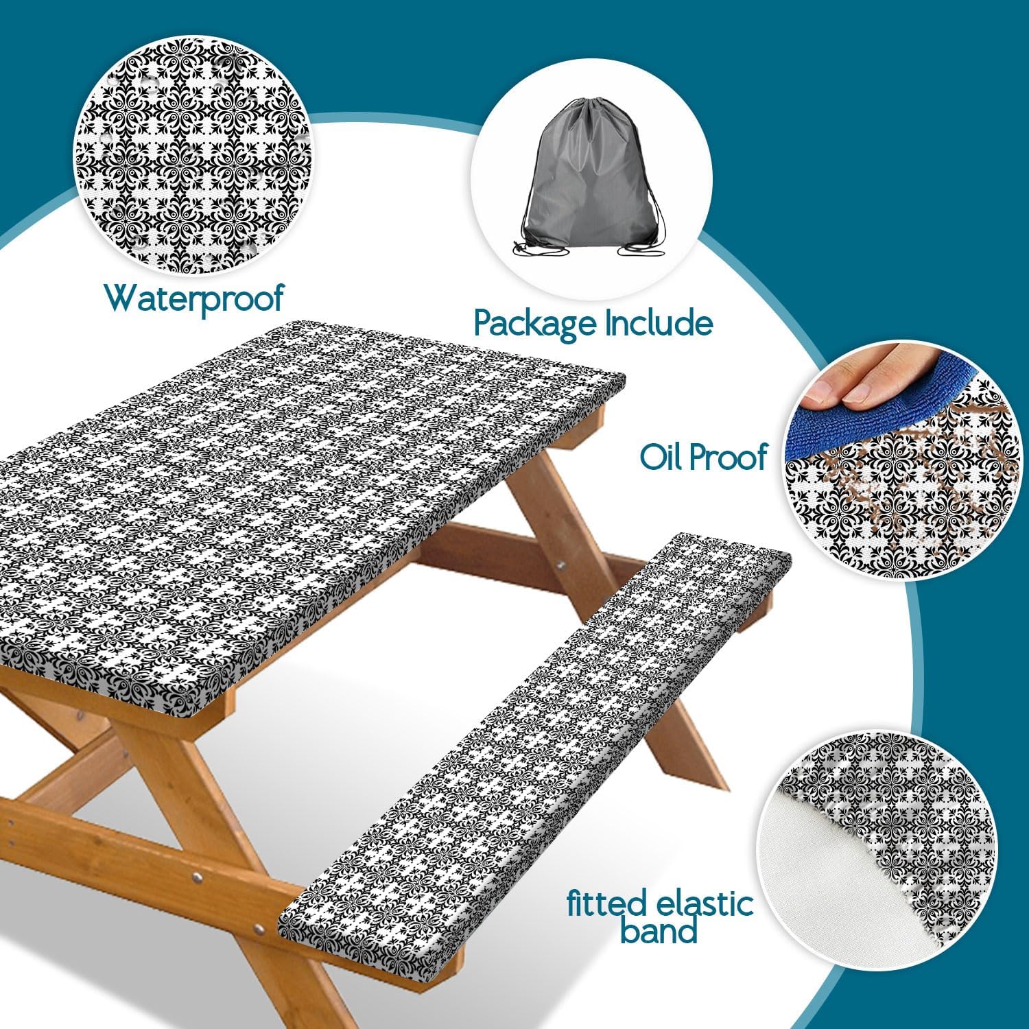 DYNH 3 Pcs Picnic Table Cover with Bench Covers, 6ft Elegant Patterns Waterproof Reusable Elastic Fitted Rectangle Picnic Table Cloths,30x72IN Picnic Tablecloth for Camping Patio Travel Outdoor
