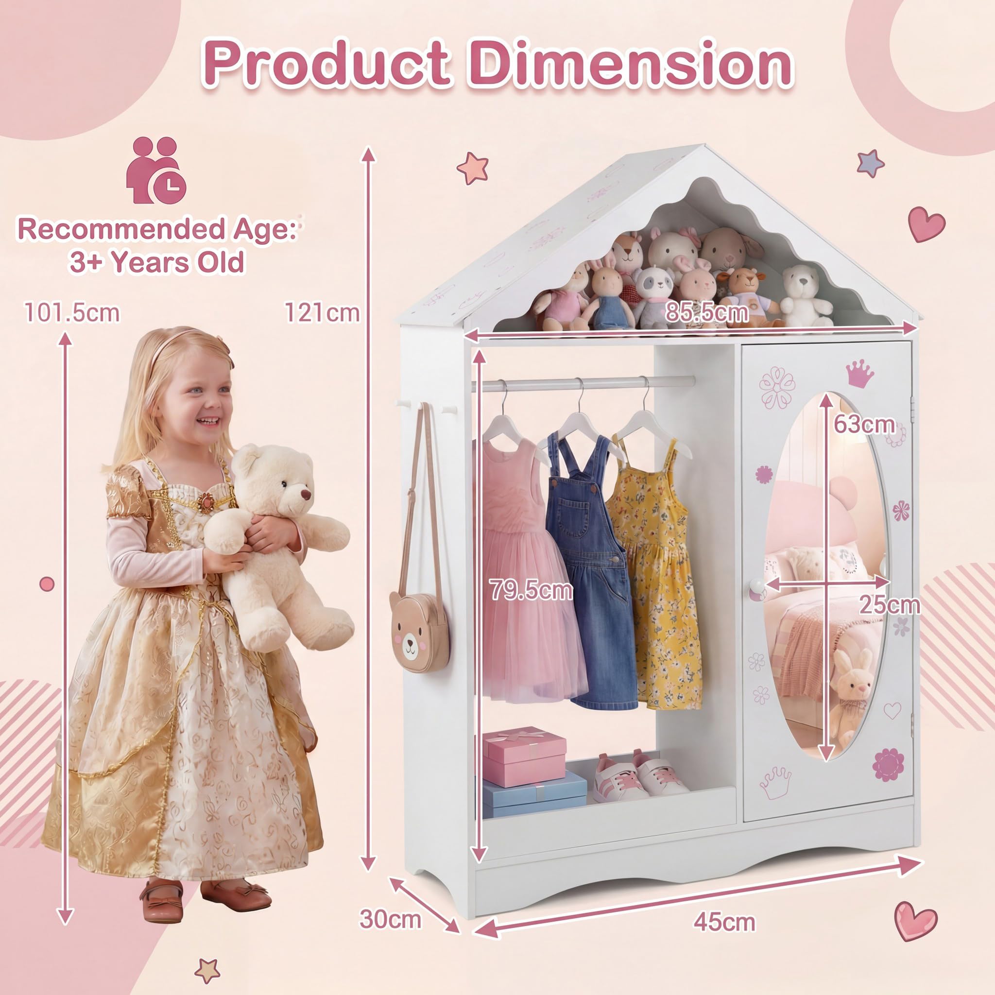 RELAX4LIFE Kinder Kleiderschrank, Kindergarderobe mit Spiegel, Kinderschrank in Hausform mit Kleiderstange, Ablagefächer & Haken, Kleiderständer für Kinderzimmer, für Mädchen ab 3 Jahren (Weiß)