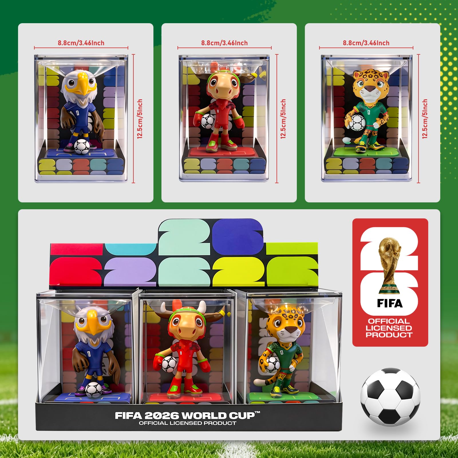 Sanyetral FIFA World Cup 2026 3PCS Figuras de Mascota Juego de Conjunto Base B (9 cm) para Exhibición, Incluye Clutch, Zayu, Maple