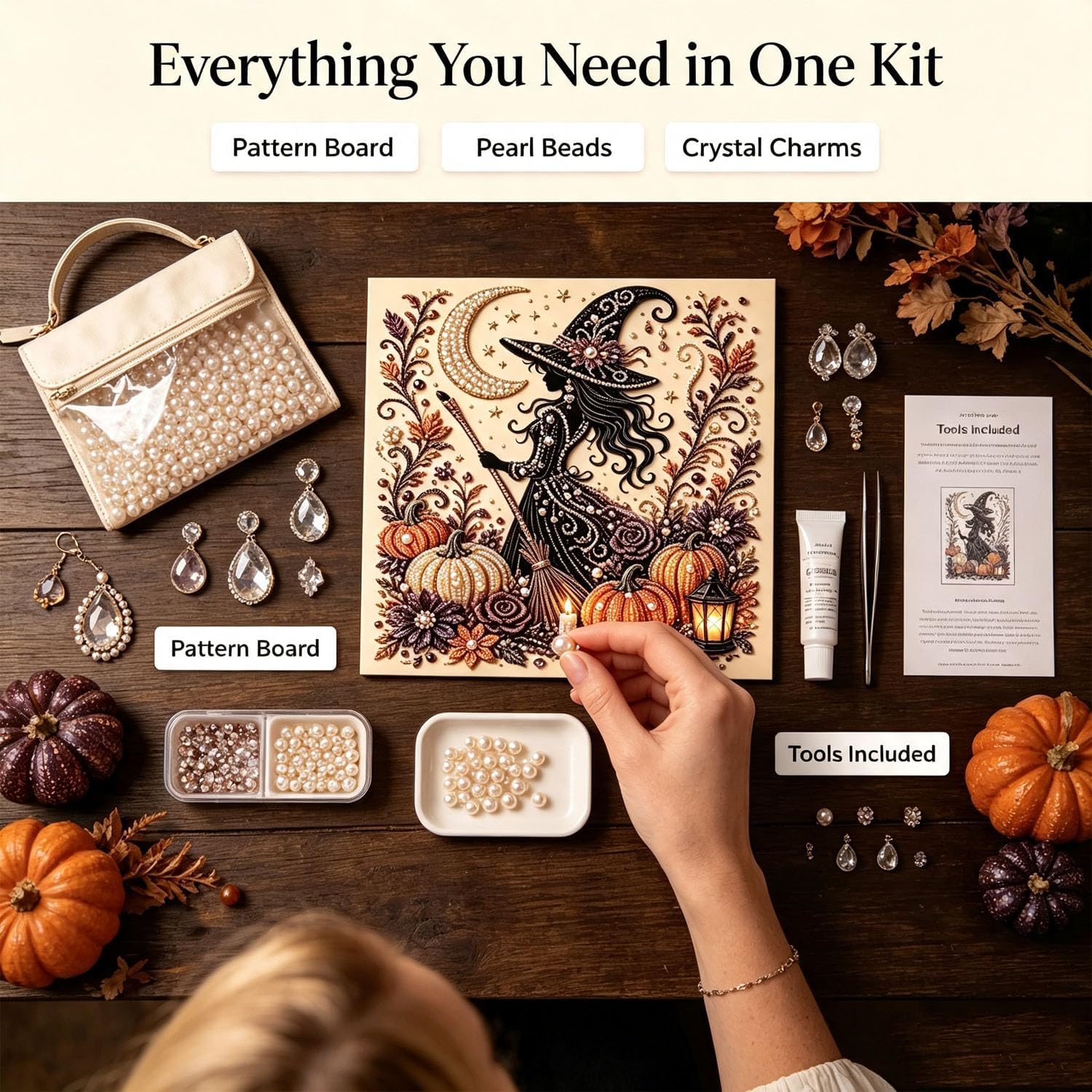 Halloween Pearl Art Kit, Diamond Art Kits for Adults Halloween, Beaded Canvas Art Kit, Beginner DIY Seasonal Party Gift-Painting Crafts for Adults, DIY Fall Home Decor Wall Art