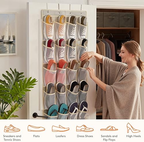 Vista 7 de Lifewit Organizador de zapatos para colgar sobre la puerta, 24 bolsillos de malla, soportes para colgar zapatos detrás de la puerta con 4 ganchos