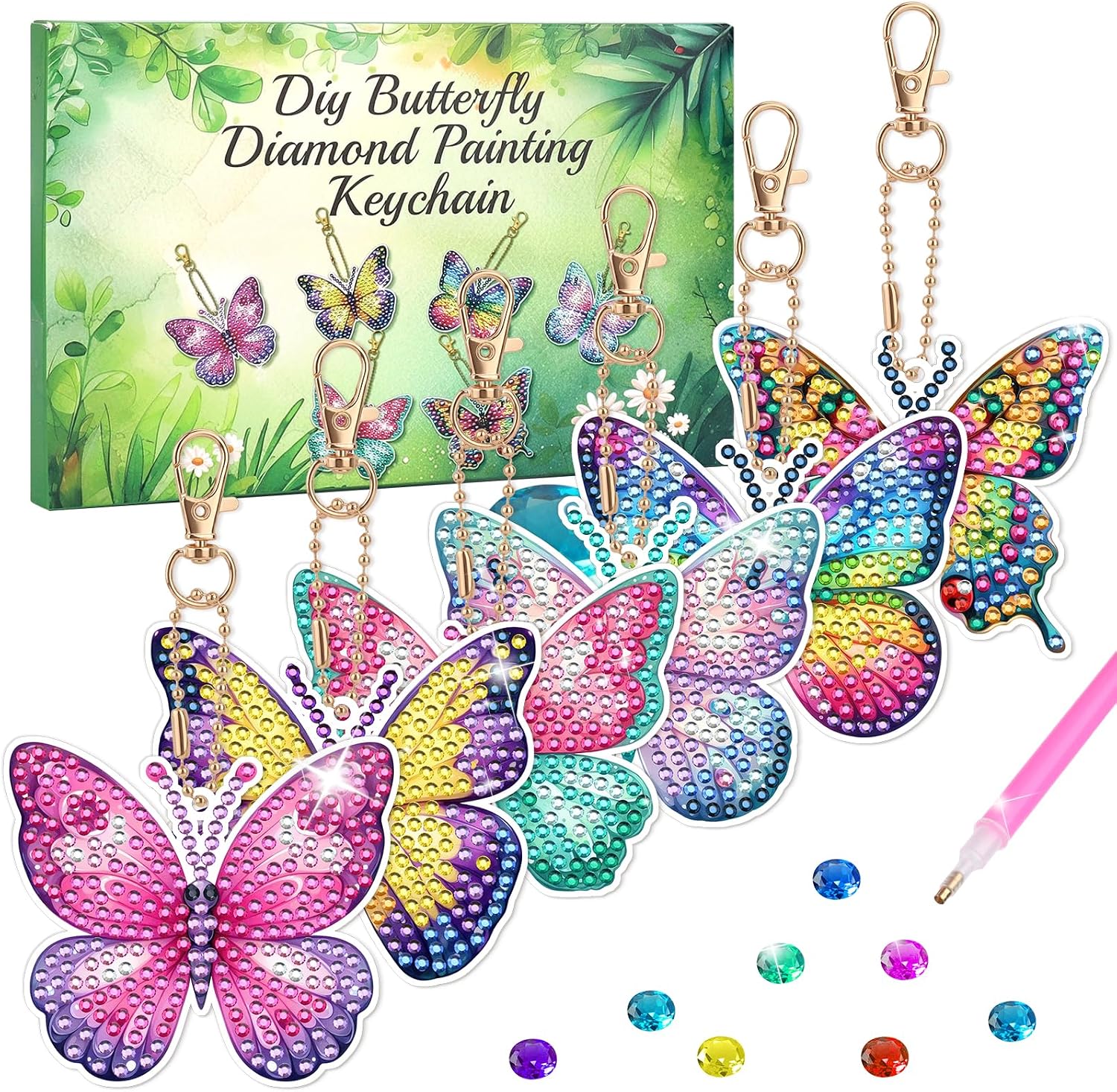 6 PCS Butterfly Diamond Painting Keychains, 5D DIY Gem Art Keychains for Ages 6-12, Double Sided Rhinestone Painting Crafts for Girls Boys Adults, Birthday Christmas Party Favor Gifts
