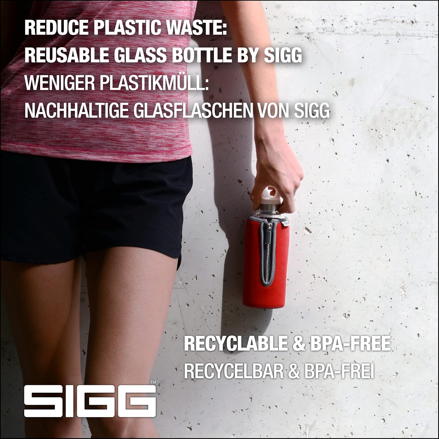 Sigg - Glass Water Bottle - Stella Red - With Neoprene Pouch - Leakproof - Dishwasher Safe - BPA Free - Recycled Glass - 17 Oz