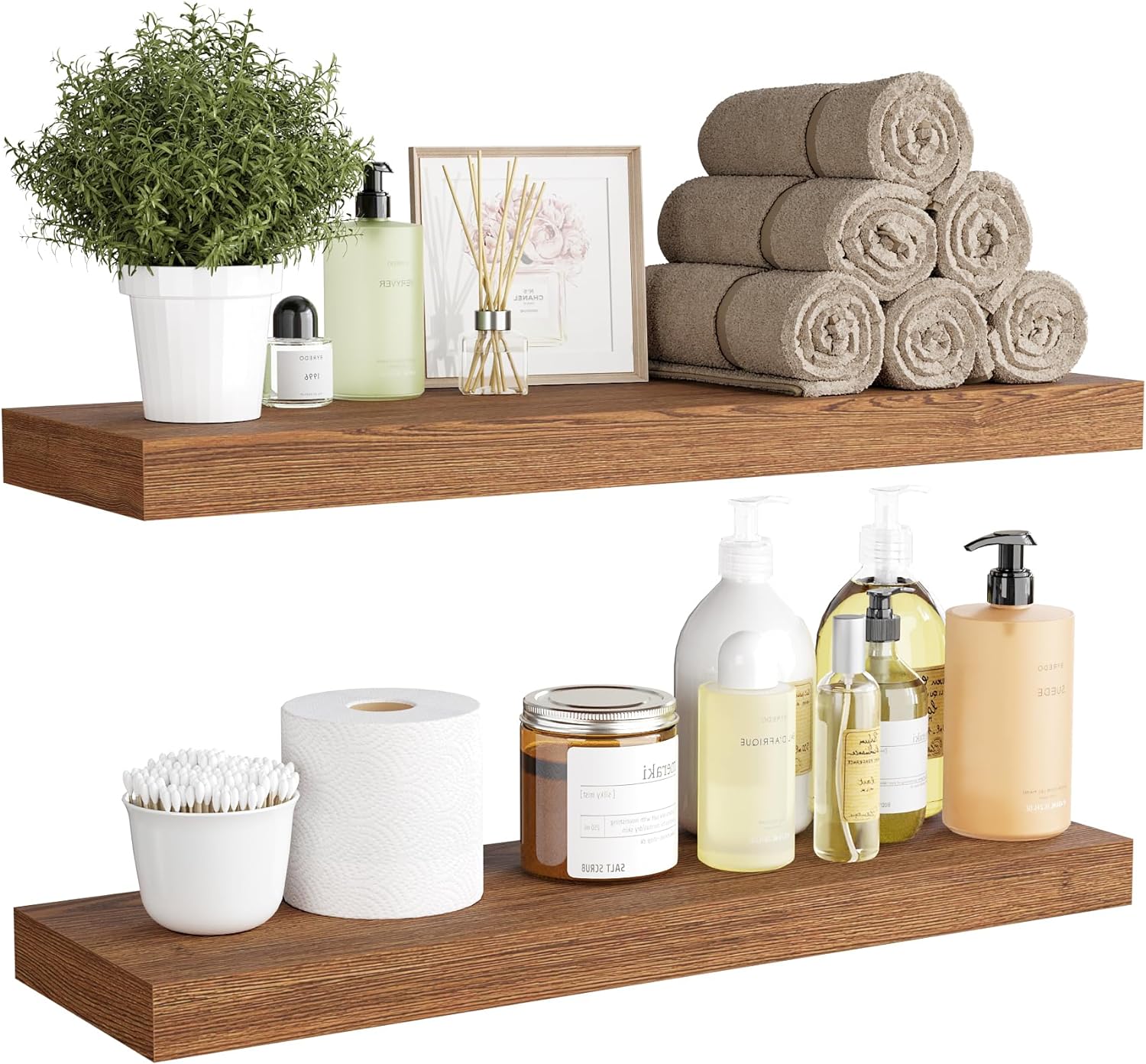 BAMEOS 24x6 Wall Shelf, 2-Shelf Modern Oak Floating Shelf Set for Bedroom, Bathroom, Kitchen Storage 24x6 American Red Oak