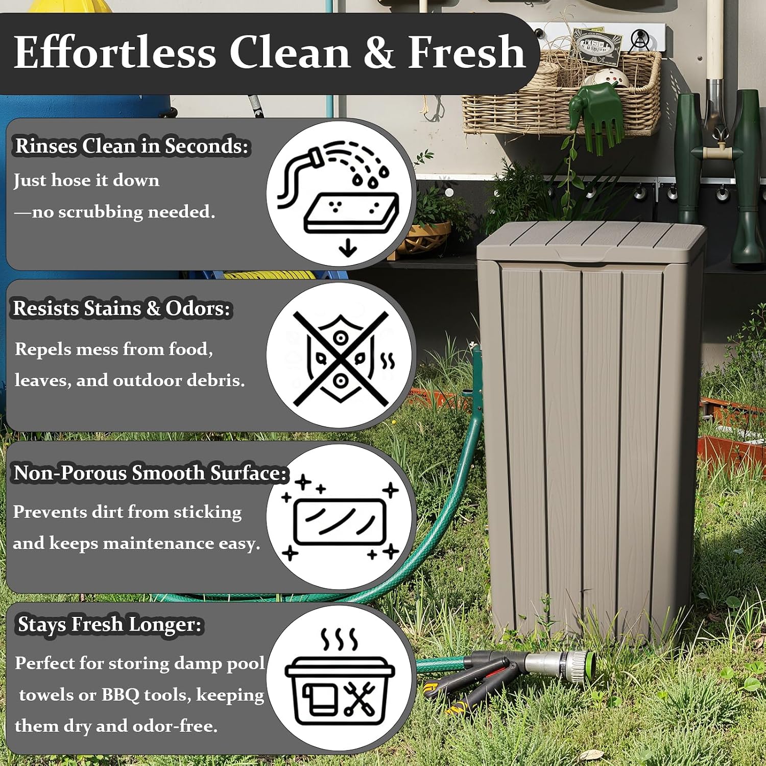 Outdoor Trash Can with Lid, 32 Gallon Waterproof and UV-Resistant Garbage Cans,Resin Outside Trash Can for Porch, Backyard, Kitchen, Easy Clean and Assemble(Grey,32Gallon)