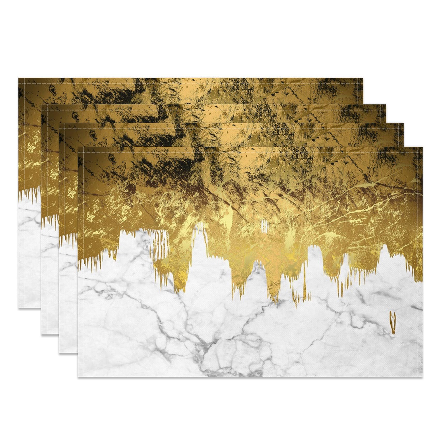 MIRRORANG Gold Marble Placemats Set of 4 45x30cm White Gold Dripping Paint Effect Washable Table Place Mats for Luxury Kitchen Dining Room Decor