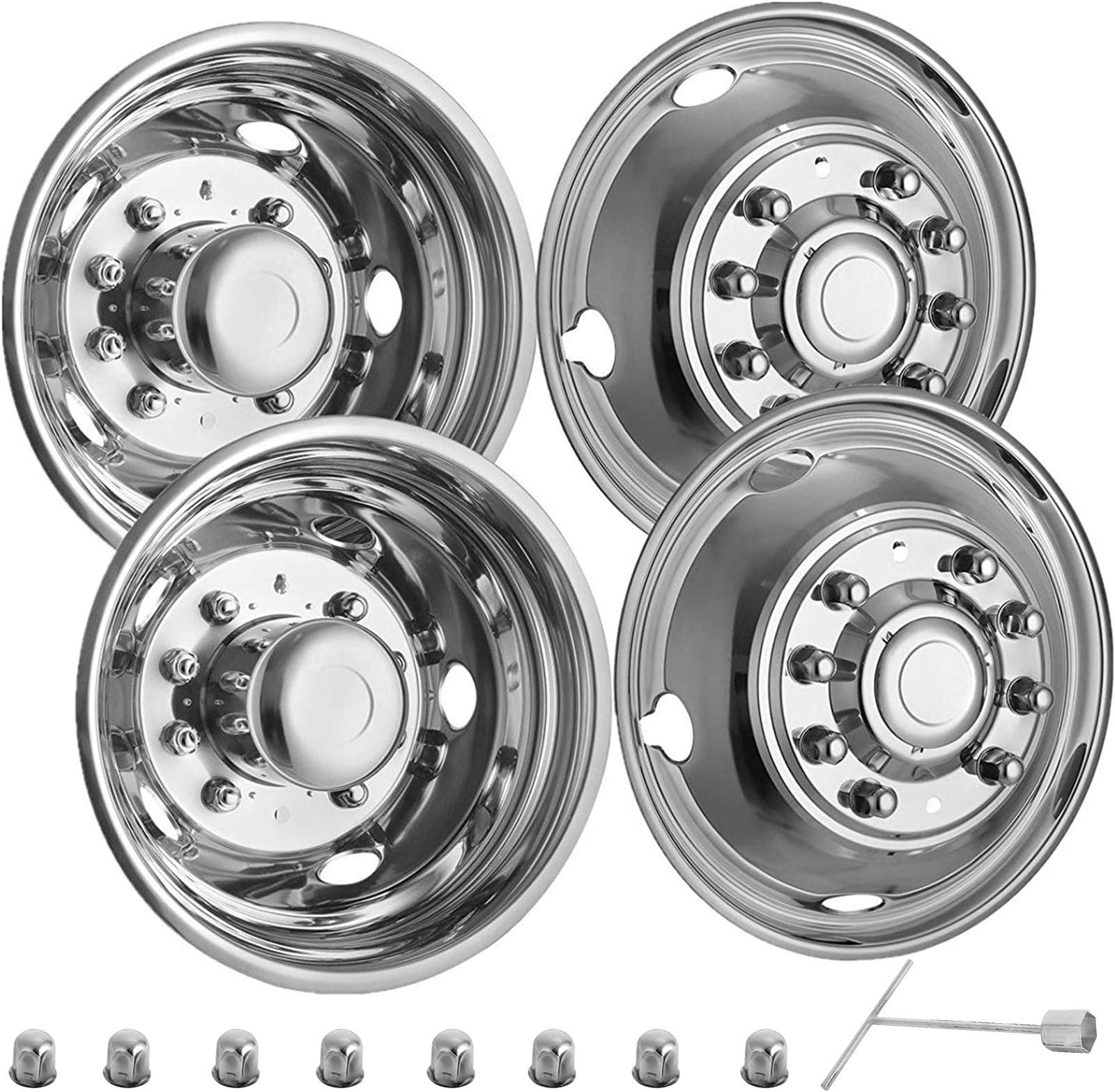 Polished 19.5" 10 Lug Wheel Simulators Stainless Steel Bolt Kit Hubcap Kit Fit for 2005-2020 Ford F450/F550 2WD Trunk Dually Wheel Cover Set
