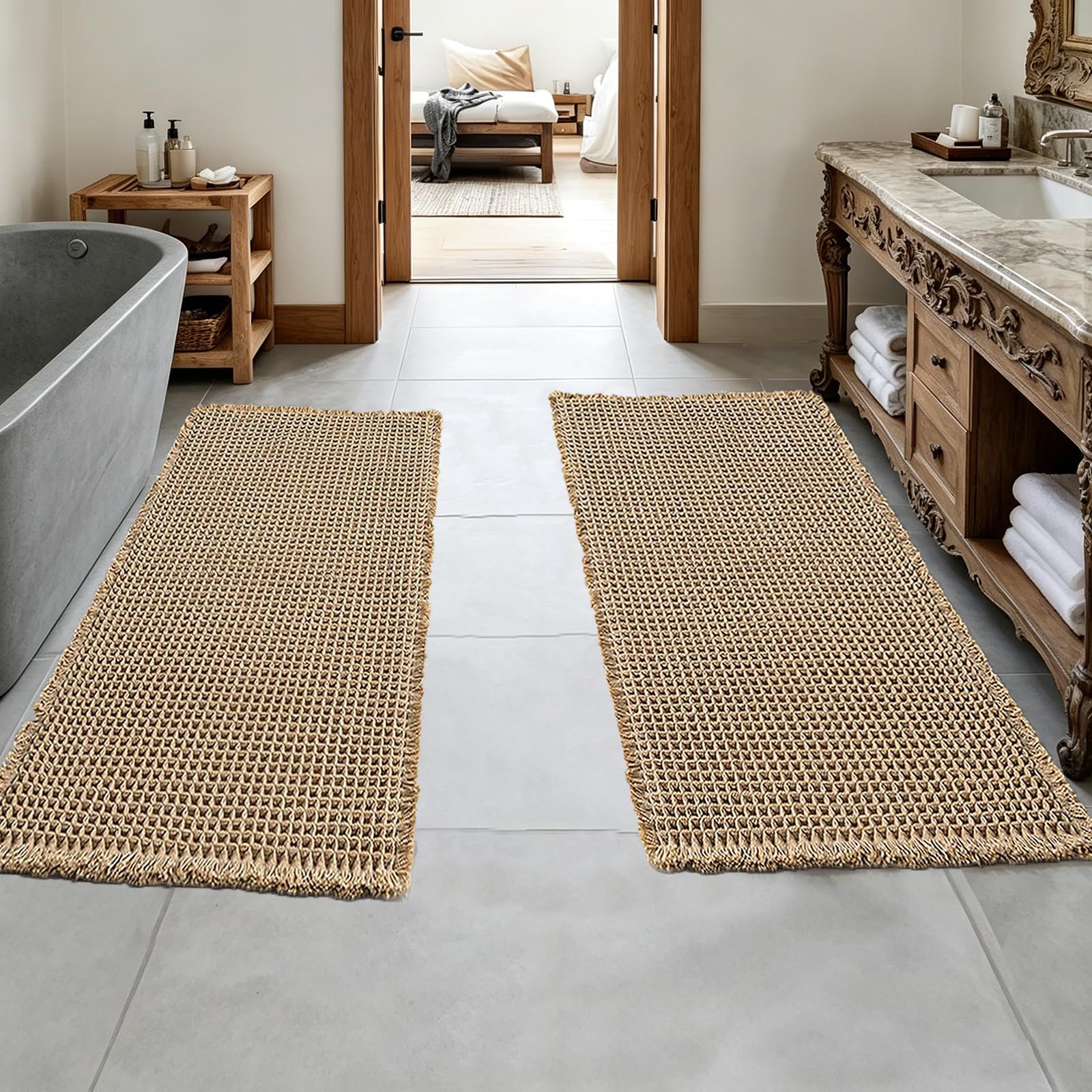 Alfombrilla de baño antideslizante para baño, lavable, alfombra de baño, alfombra de ducha, alfombra de baño, alfombra de ducha, decoración bohemia, 60 x 120 cm, marrón x 2