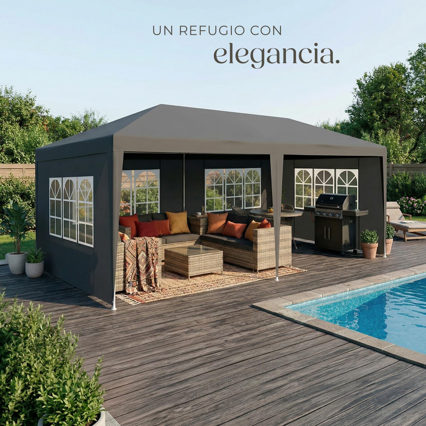 tectake® Carpa Desmontable 3x6 m, con 5 Paneles Laterales Desmontables, Protección a la Intemperie, Cenadores para Jardin, Playa, Cuerdas Tensoras y Piquetas, Carpas para Exteriores - Gris