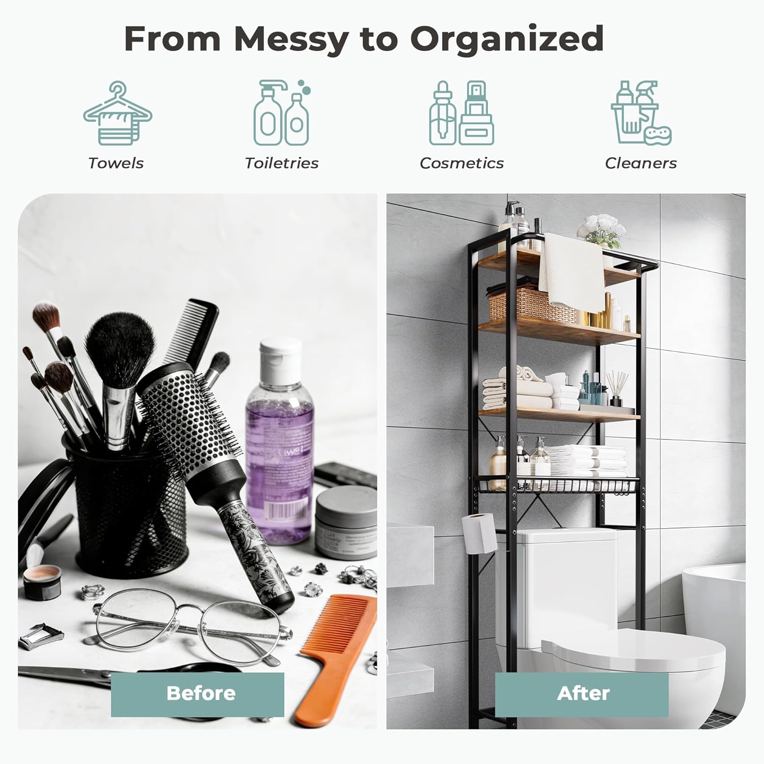 Over-The-Toilet Storage Shelf, 4-Tier Bathroom Organizer Shelf, Freestanding Space Saver Shelves Over Toilet with Adjustable Shelf for Bathroom, Brown