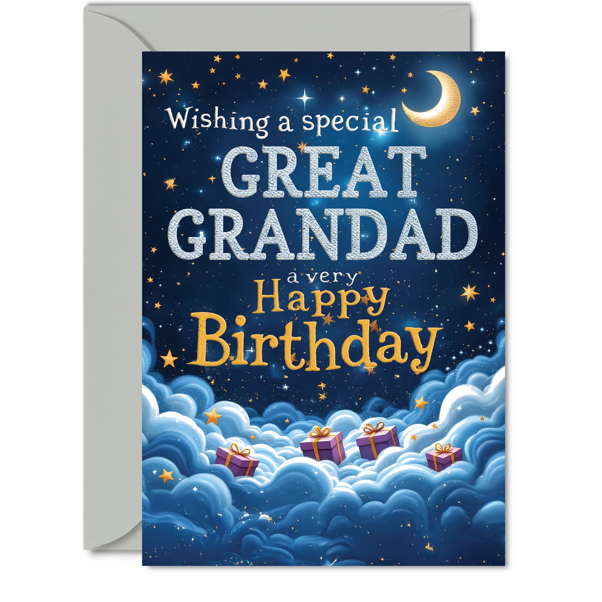 Great Grandad Birthday Card - Starry Night Moon Clouds - Happy Birthday Card for Great Grandad from Great Grandson Granddaughter, 5x7 Inch Male Bday Greeting Cards