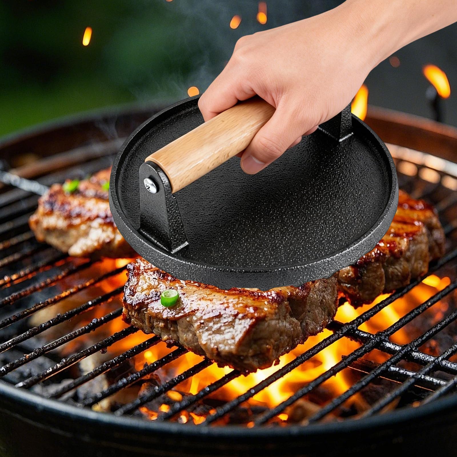 DGN Burger Smasher Gusseisen Rund Ø15,2cm mit Holzgriff | Smash Burgerpresse, Schwergewicht, Für Steaks, Burger, Fleisch, Speck, Sandwiches, Würstchen
