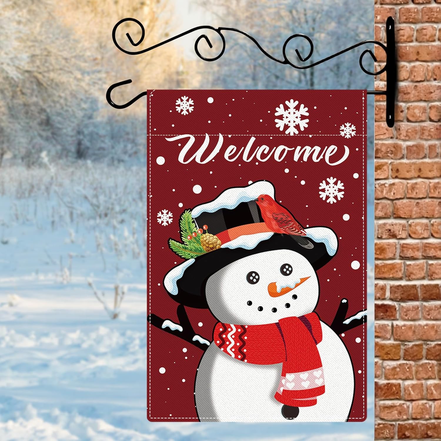 Welcome Christmas Garden Flags for Outdoor Decorations, Double Sided Snowman with Snowflakes Print Red Burlap Yard Flags for Seasonal Holiday Winter Xmas Rustic Farmhouse Outdoor Decor11.8×18.1 Inch - Image 8