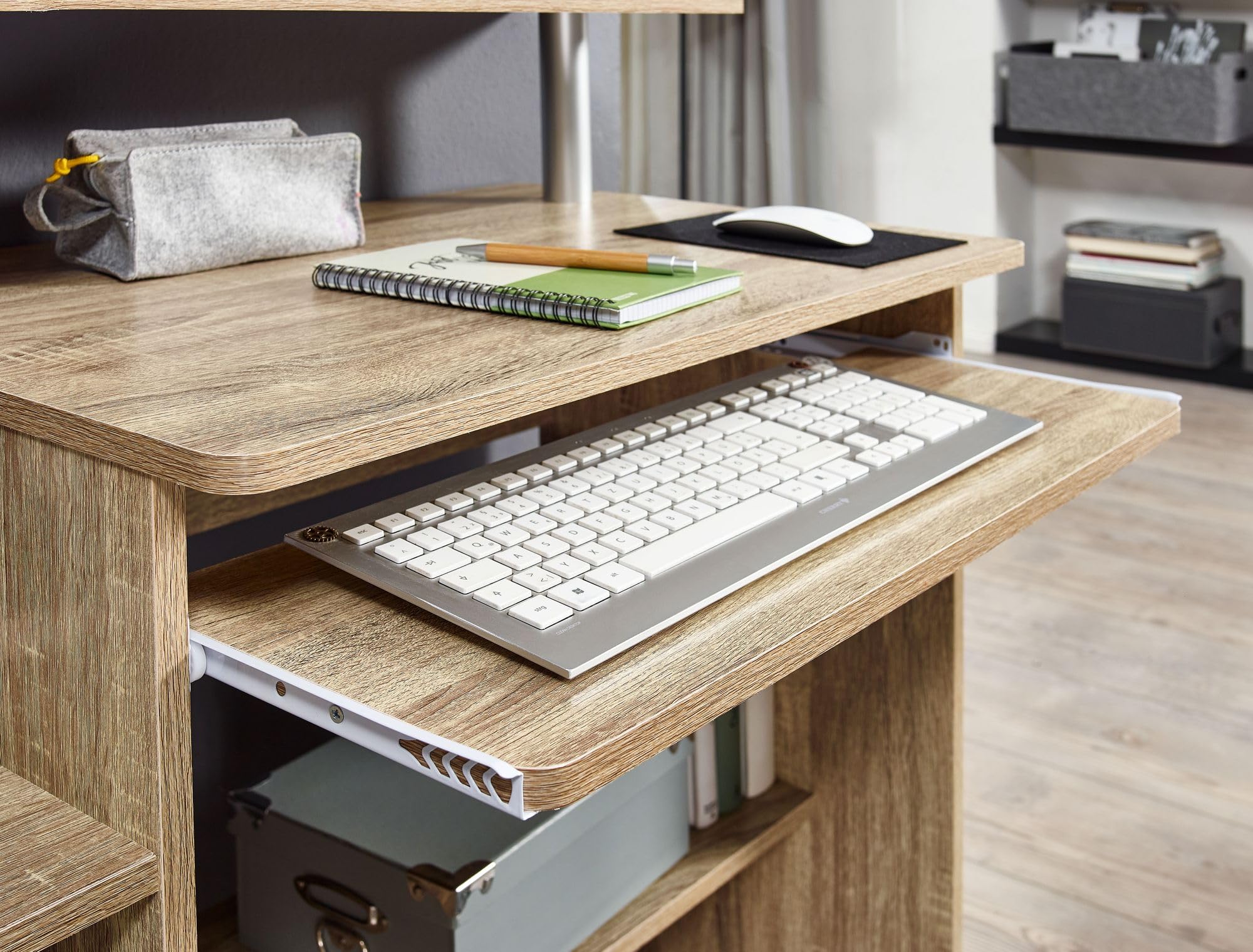FineBuy Escritorio con Bandeja Extraible 94x48,5x90,5 cm Escritorio Moderno para PC | Mesa de Oficina Mesa de despacho (Sonoma)