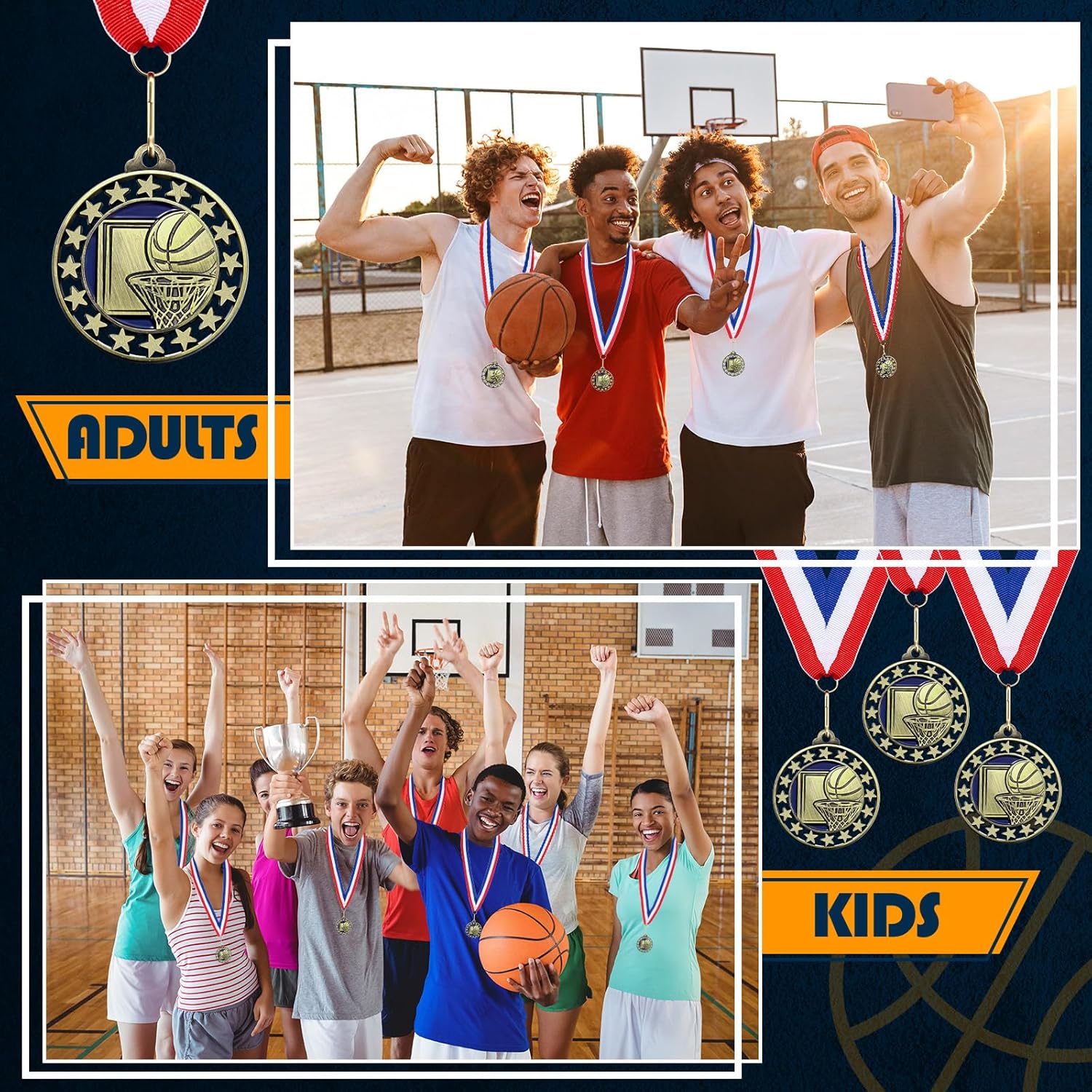 Misdary 12 Pack Basketball Award Medals with Neck Ribbons Participation Trophies for Kids Sports Metal Awards Party Favors for Sports Competitions Celebration Gift