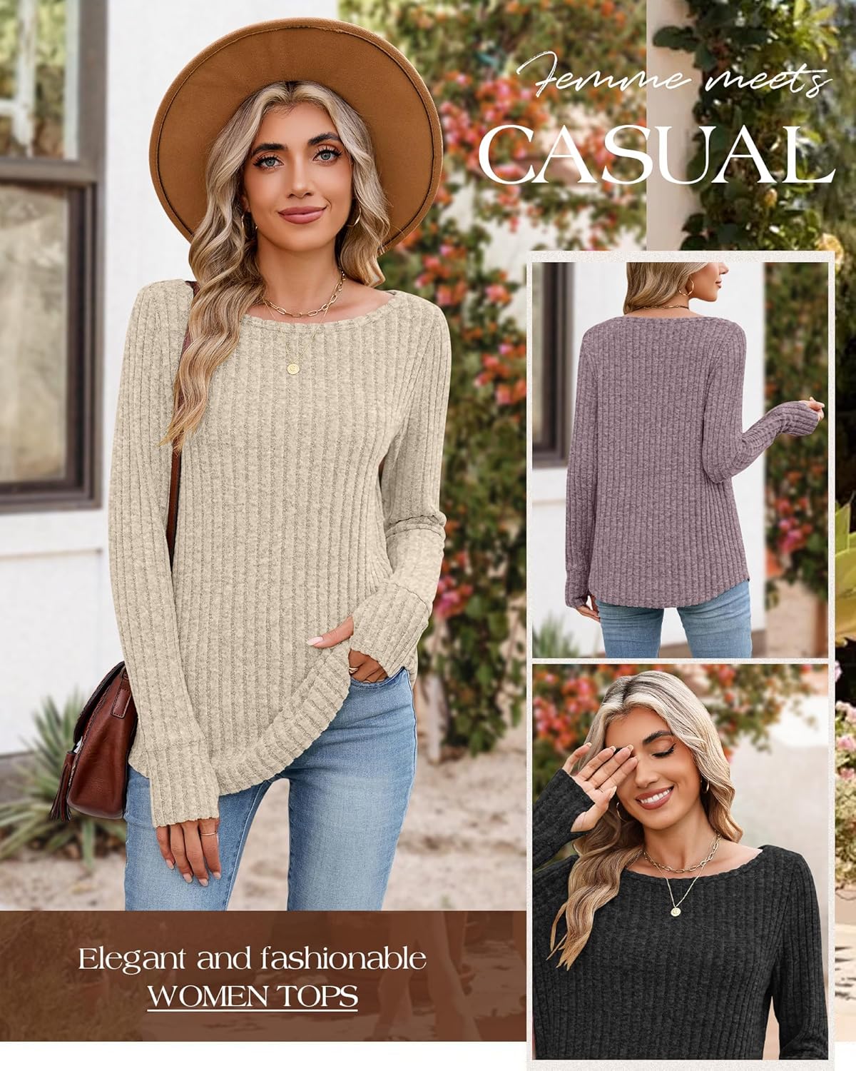 3 Pack Womens Long Sleeve Sweatshirt Boat Neck Loose Fit Tunic Sweater Lightweight Curved Hem with Thumb Hole Top - Image 2