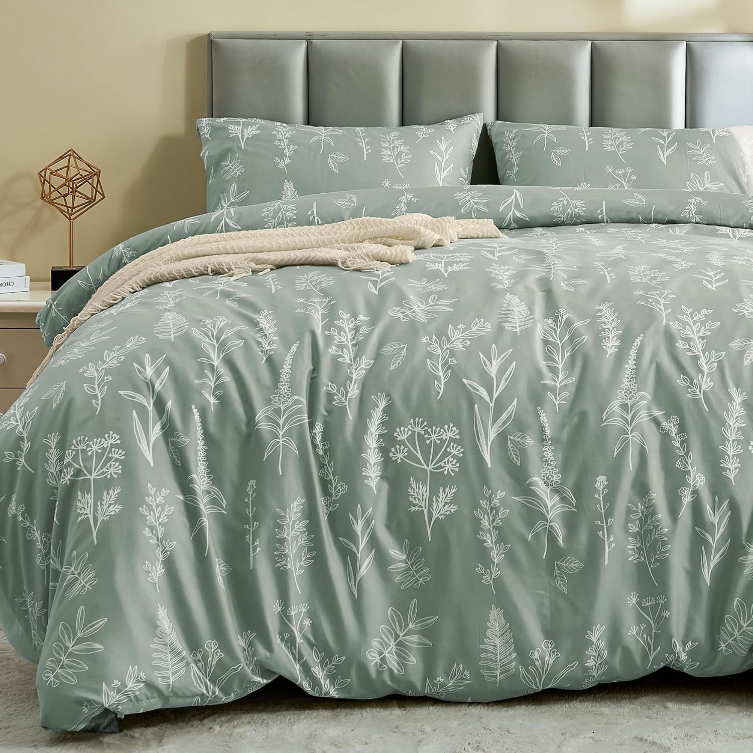 MUXHOMO Duvet Cover Full Size, Reversible Floral Green Duvet Cover Set with Zipper Closure, 3