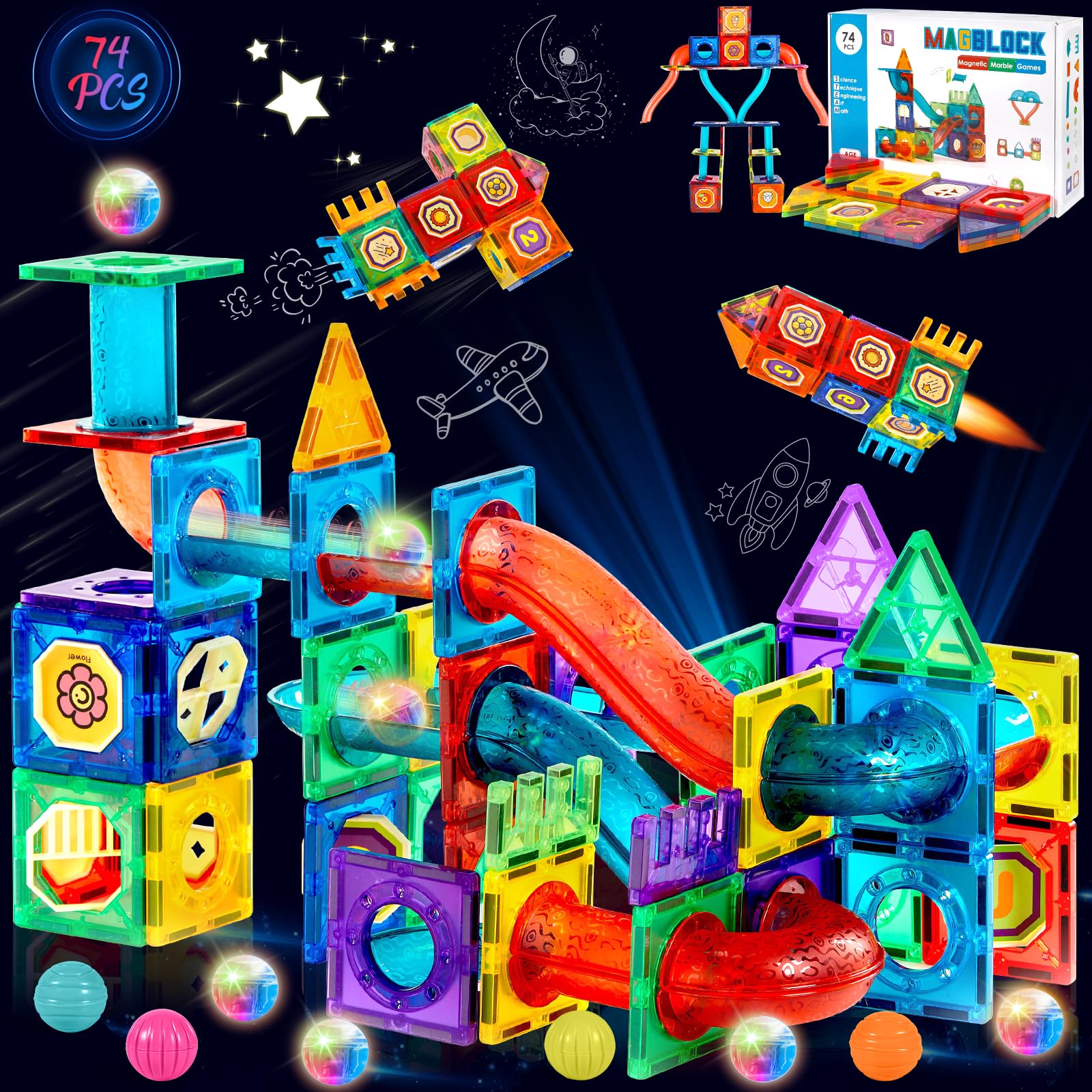 AQXONG 74 Pcs Bloques de Construcción Magnéticos, Juego Construcción en 3D con Tuberías, Juguetes de Bloques de Construcción Educativos, Juguetes de Construcción para Niños para Niños Niñas 3+