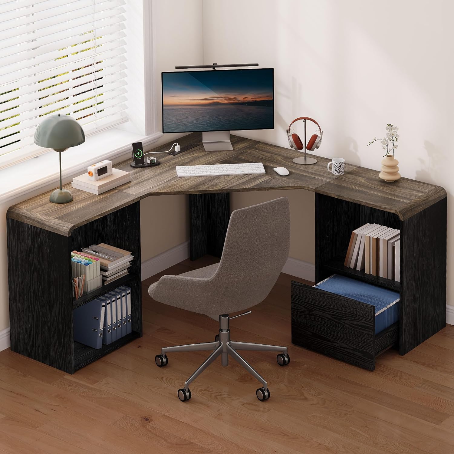 L Shaped Desk with Power Outlets & USB C Port, 59'' Reversible L-Shaped Computer Desk with File Drawer for Letter/Legal Size, Corner Office Desk with Storage Shelves, Rounded Corners, Black