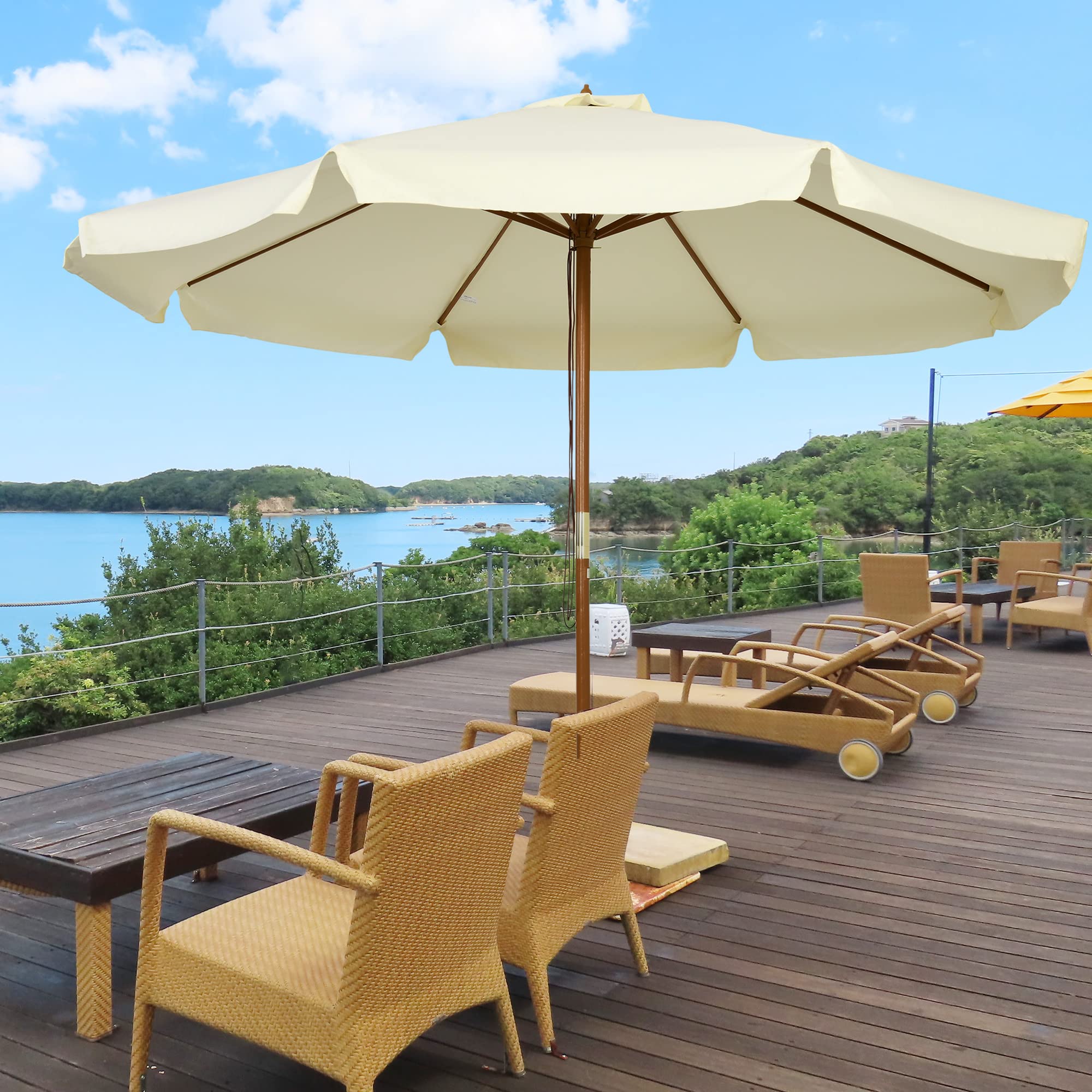 Outsunny Ombrellone da Giardino Ø3.25m con Corde, Apertura Regolabile e Prese d'Aria, Ombrellone da Esterno con 8 Stecche in Legno, Bambù e Poliestere 180g/㎡, per Cortile, Terrazza e Balcone
