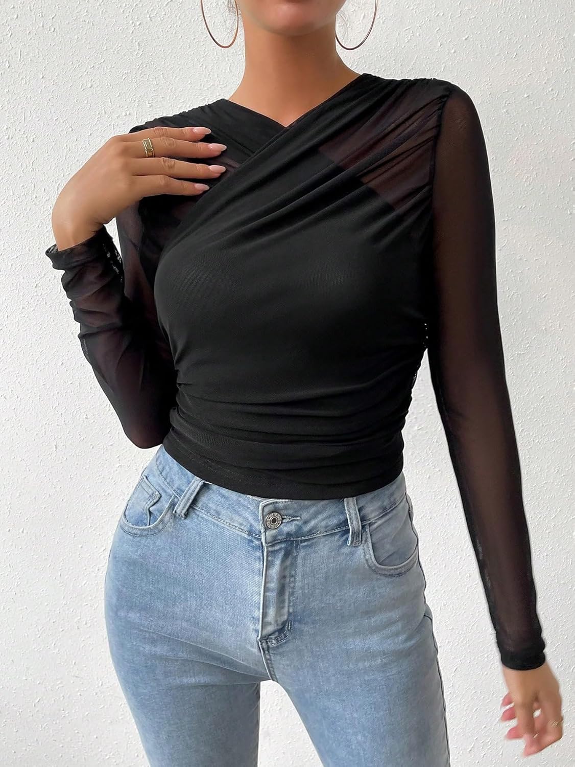 GORGLITTER Women's Sheer Mesh Long Sleeve Top See Throuogh Ruched Criss Cross Tees Shirts Going Out Tops - Image 7